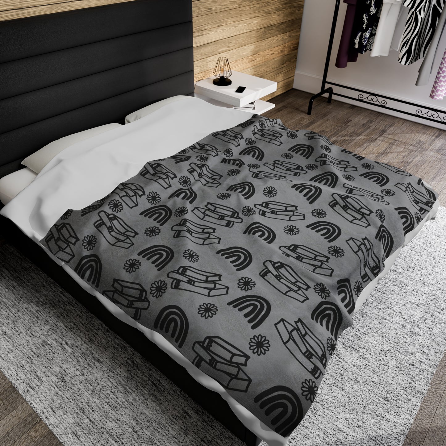 Books and Rainbows Grey Plush Blanket
