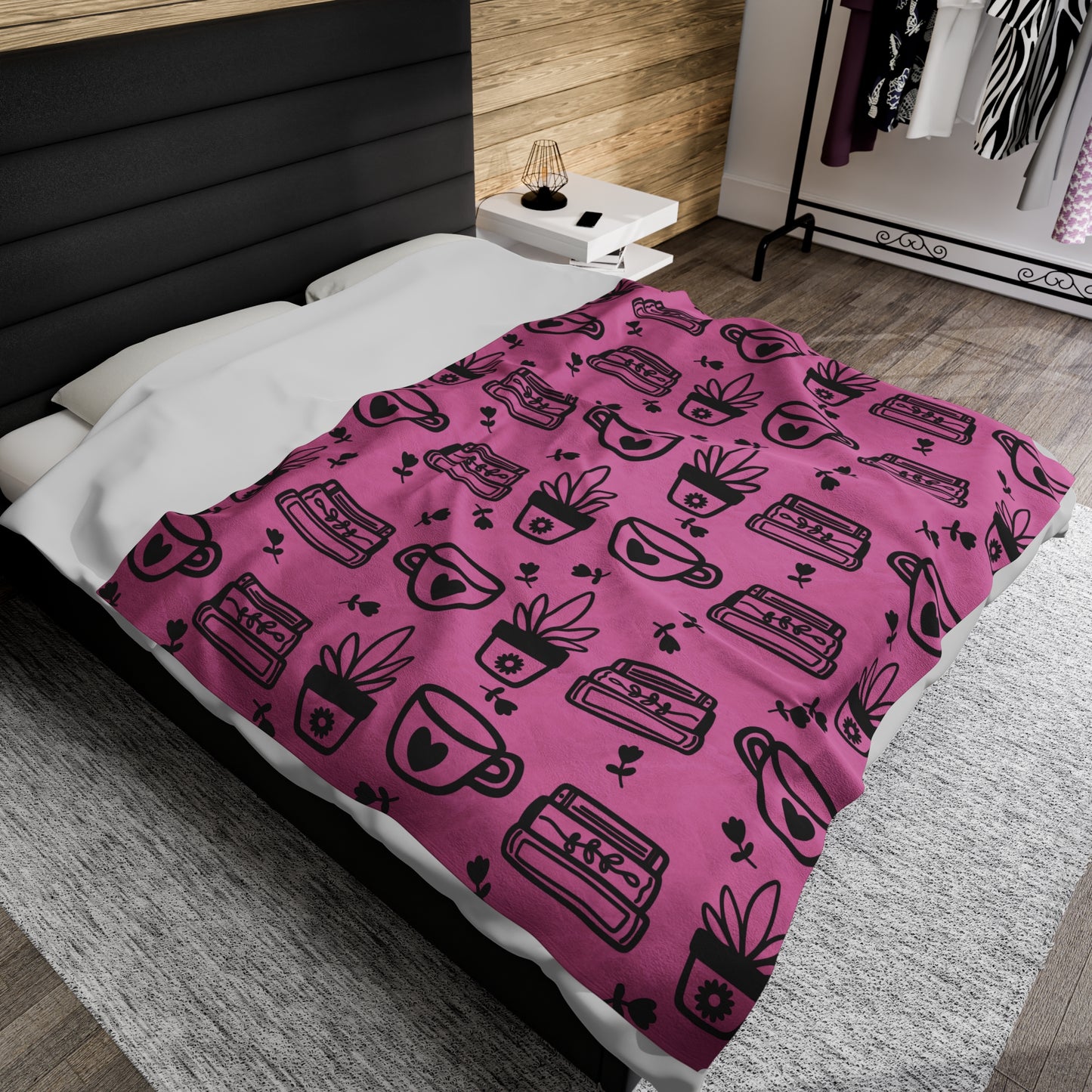Plants and Coffee Piink Plush Blanket