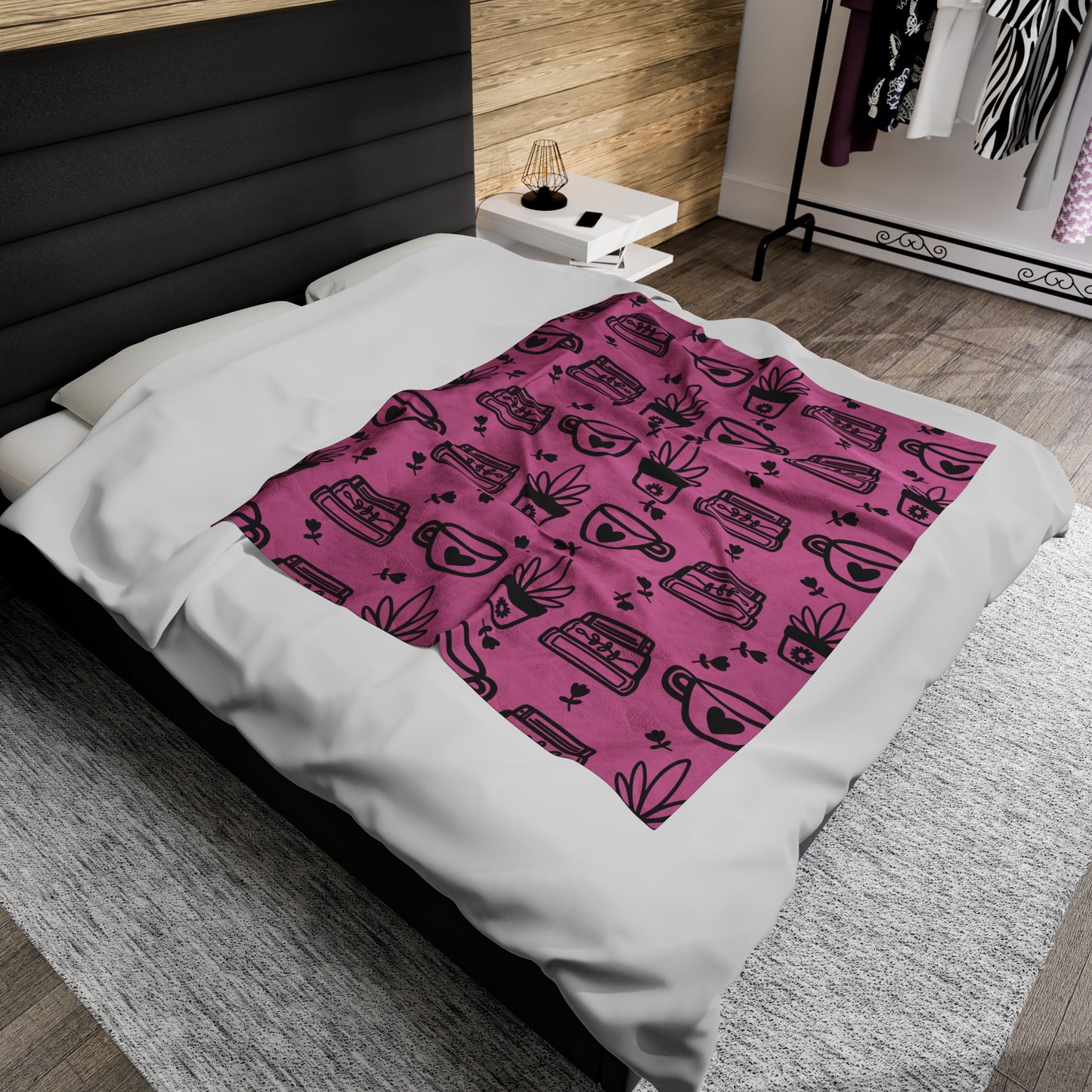 Plants and Coffee Piink Plush Blanket