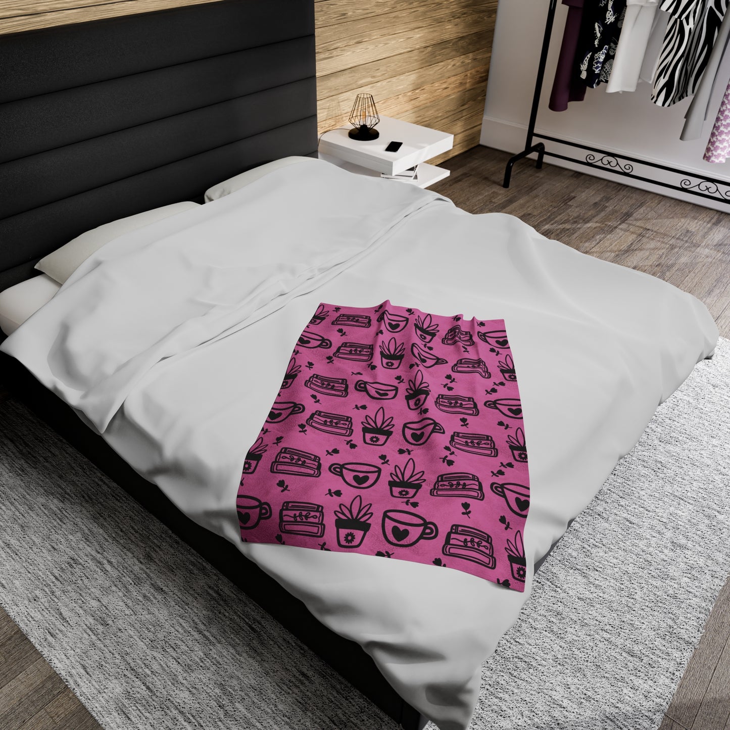 Plants and Coffee Piink Plush Blanket