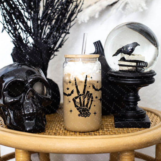 16oz Skeleton Peace Sign Glass Cup with Bamboo Lid & Straw #100150