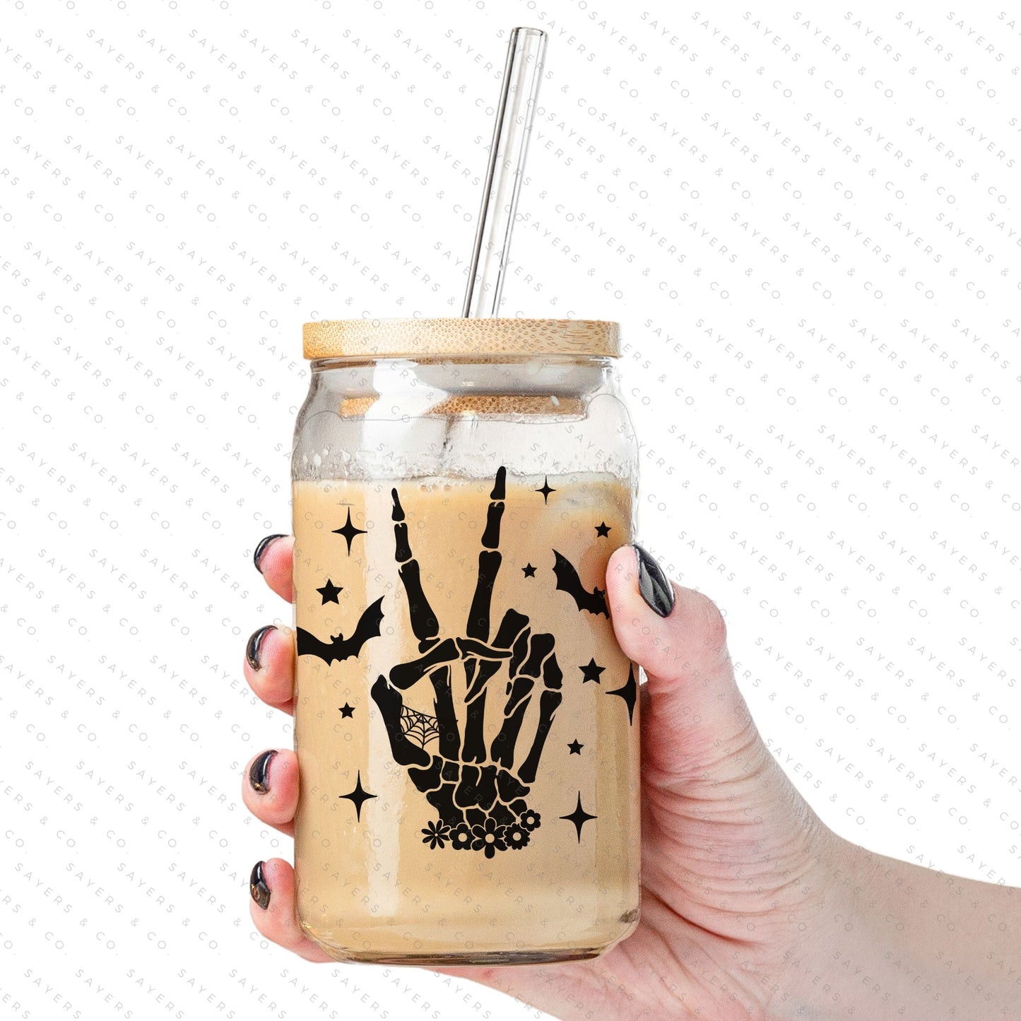 16oz Skeleton Peace Sign Glass Cup with Bamboo Lid & Straw #100150