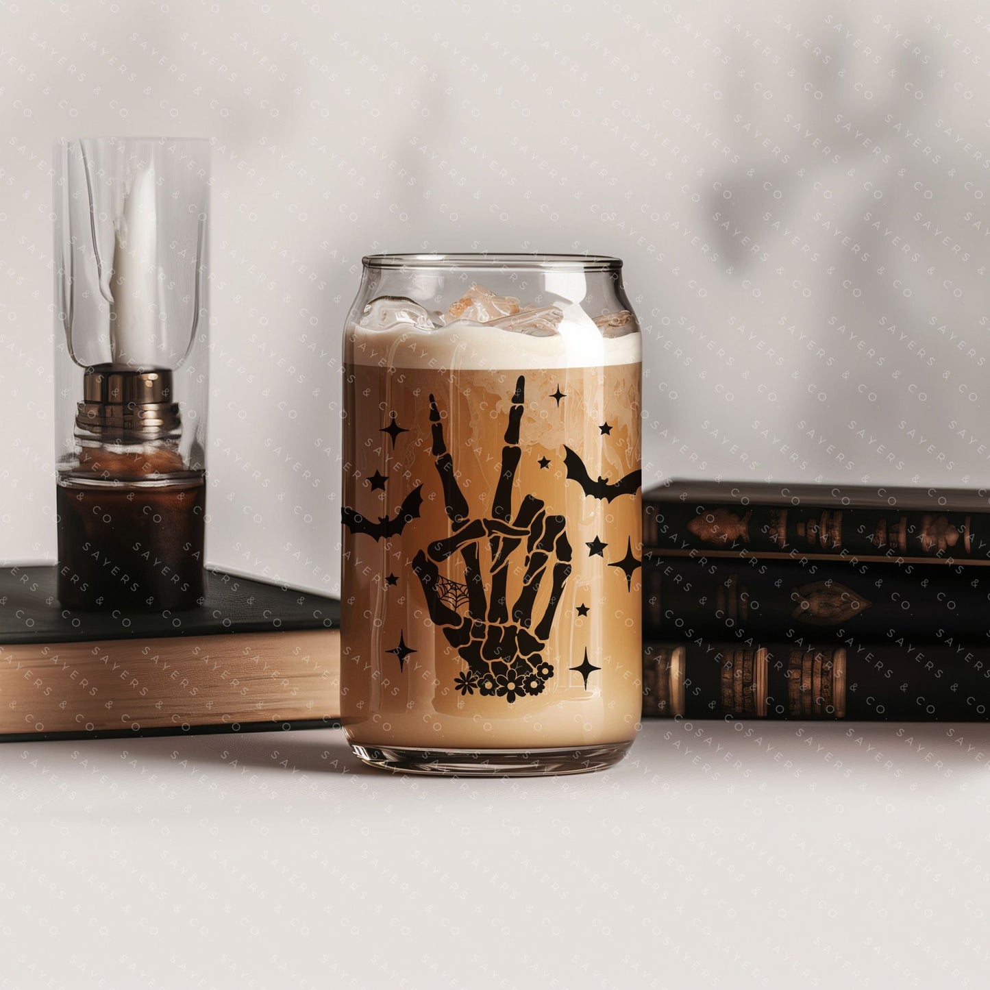 16oz Skeleton Peace Sign Glass Cup with Bamboo Lid & Straw #100150